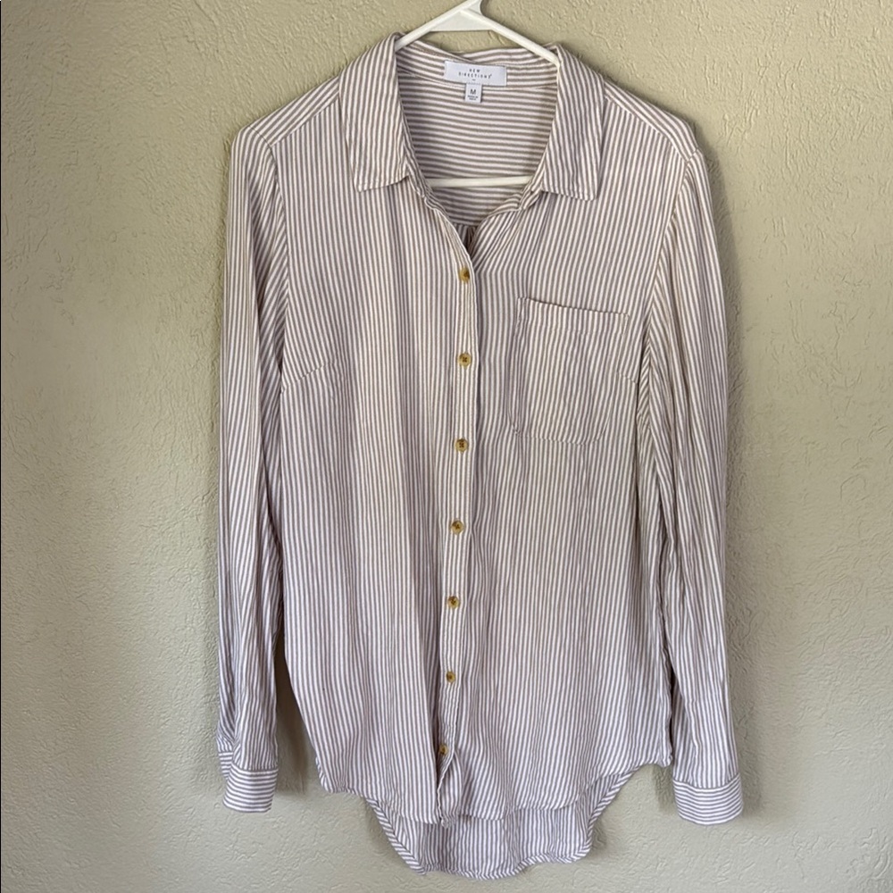 New Directions White and Gray Striped Button-Down Shirt